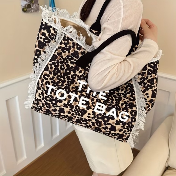 Leopard Print Tote Bag with Fringe - Picture 10 of 10